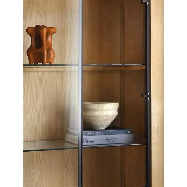 Modern Oak Farmhouse Wine Storage Cabinet with Glass Display Rack view 1