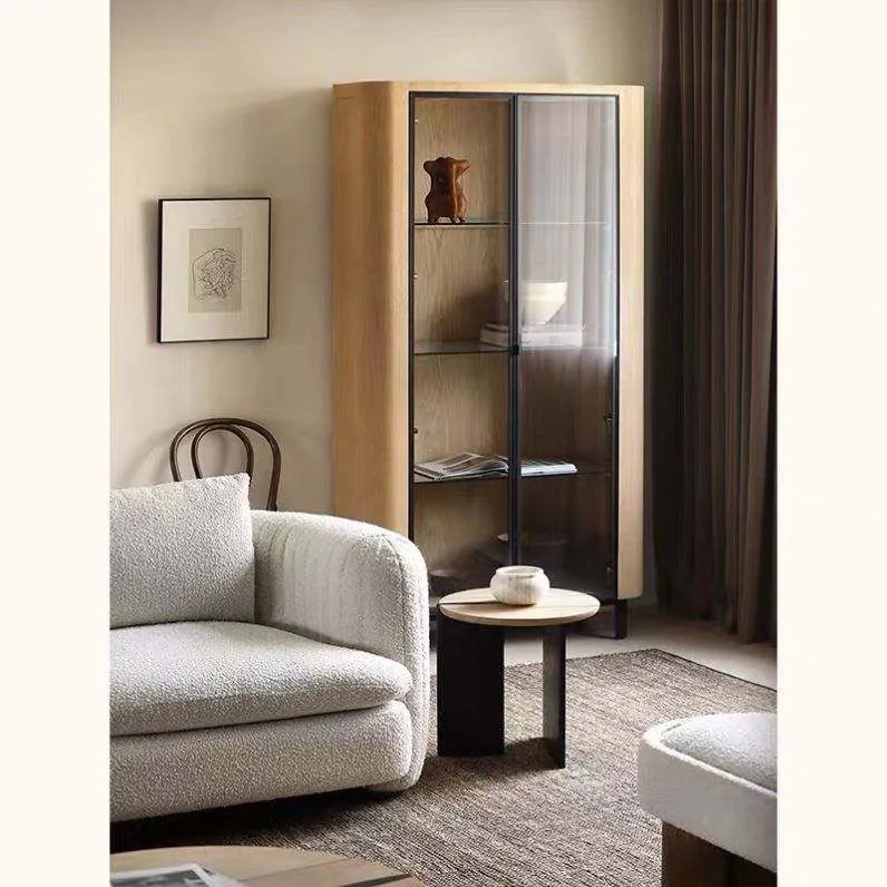Modern Oak Farmhouse Wine Storage Cabinet with Glass Display Rack view 3