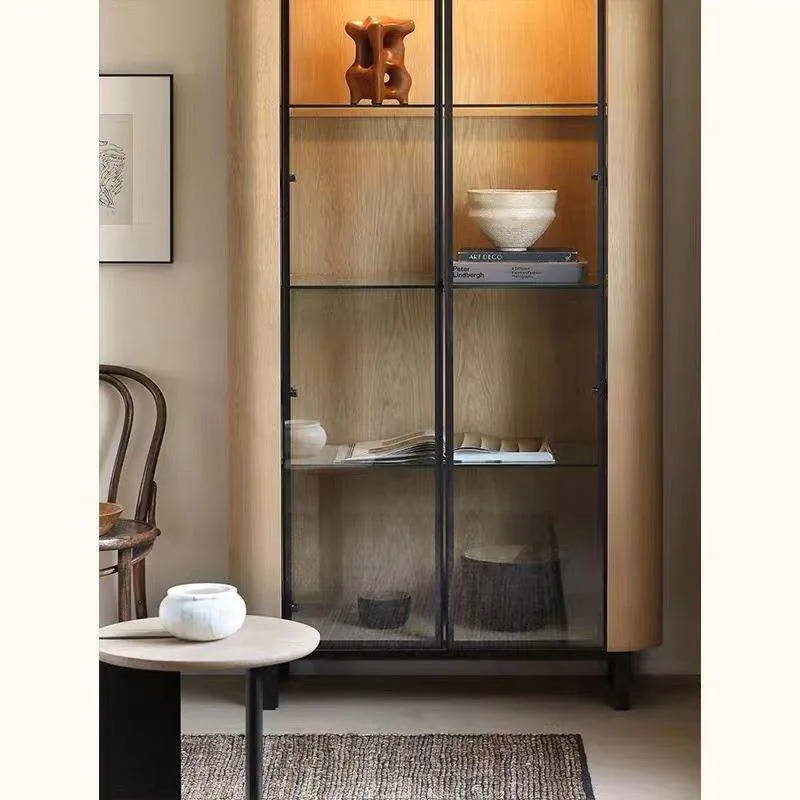 Modern Oak Farmhouse Wine Storage Cabinet with Glass Display Rack view 4