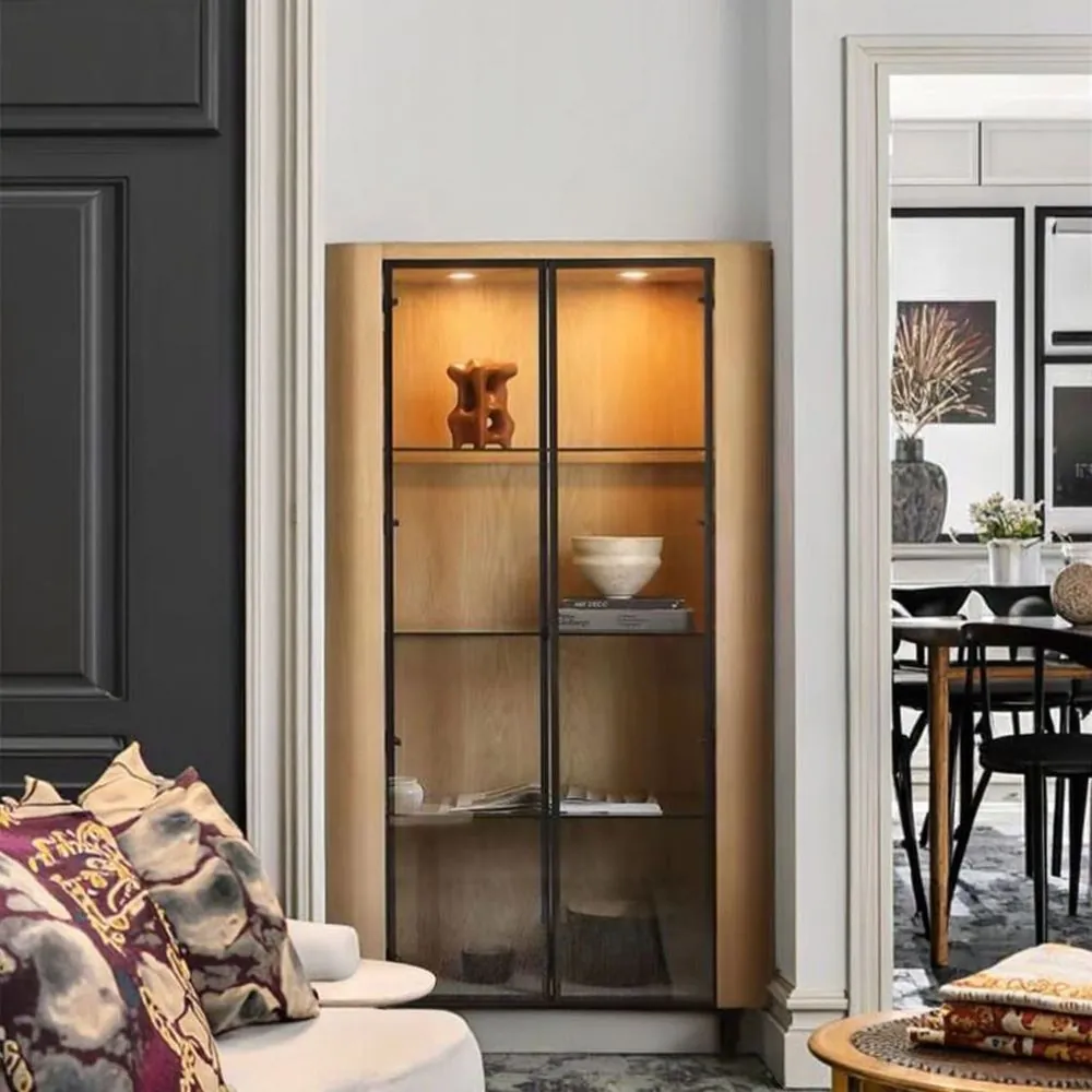 Modern Oak Farmhouse Wine Storage Cabinet with Glass Display Rack view 5