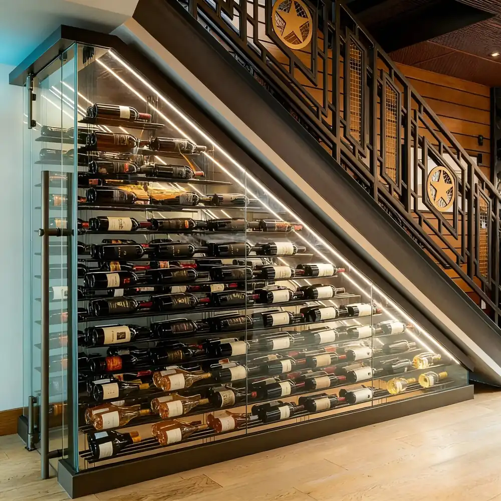 Custom Under-Stair Glass Wine Display & Cellar Enclosure (RM-050) view 1