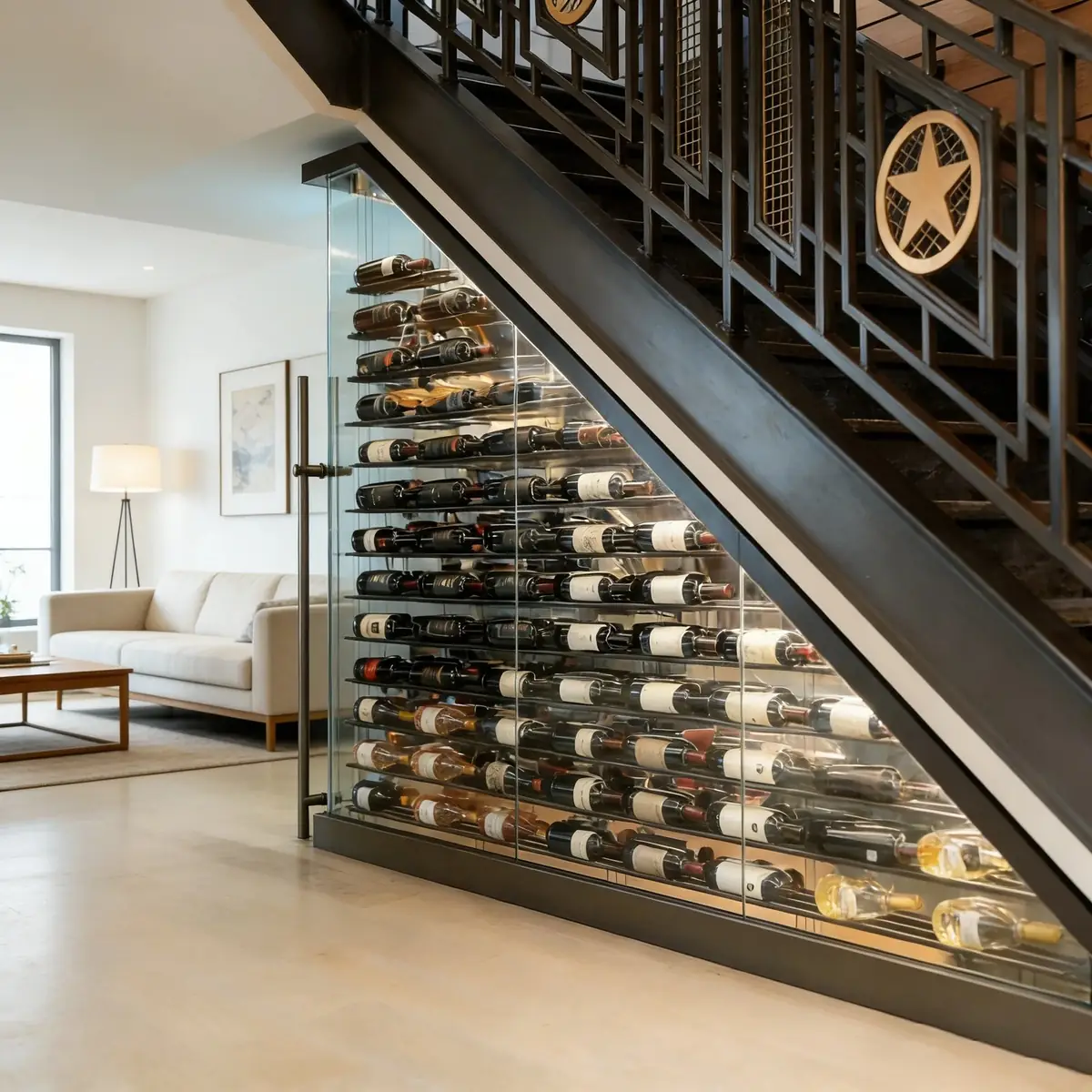 Custom Under-Stair Glass Wine Display & Cellar Enclosure (RM-050) view 4