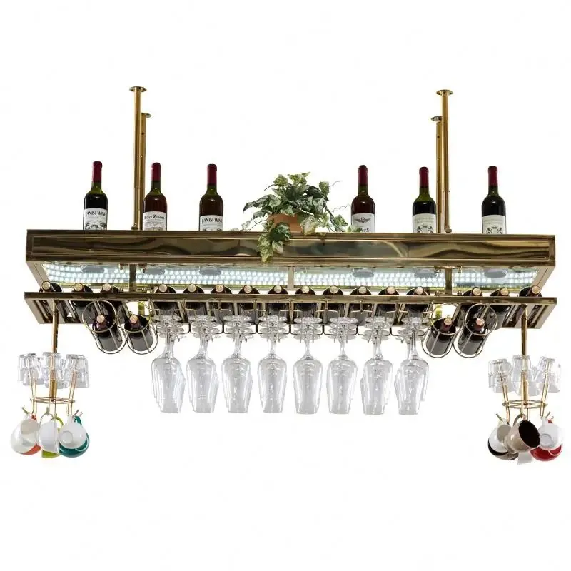 Ceiling Metal Wine Rack Stainless Steel, Gold Black Gray Glass Storage view 5