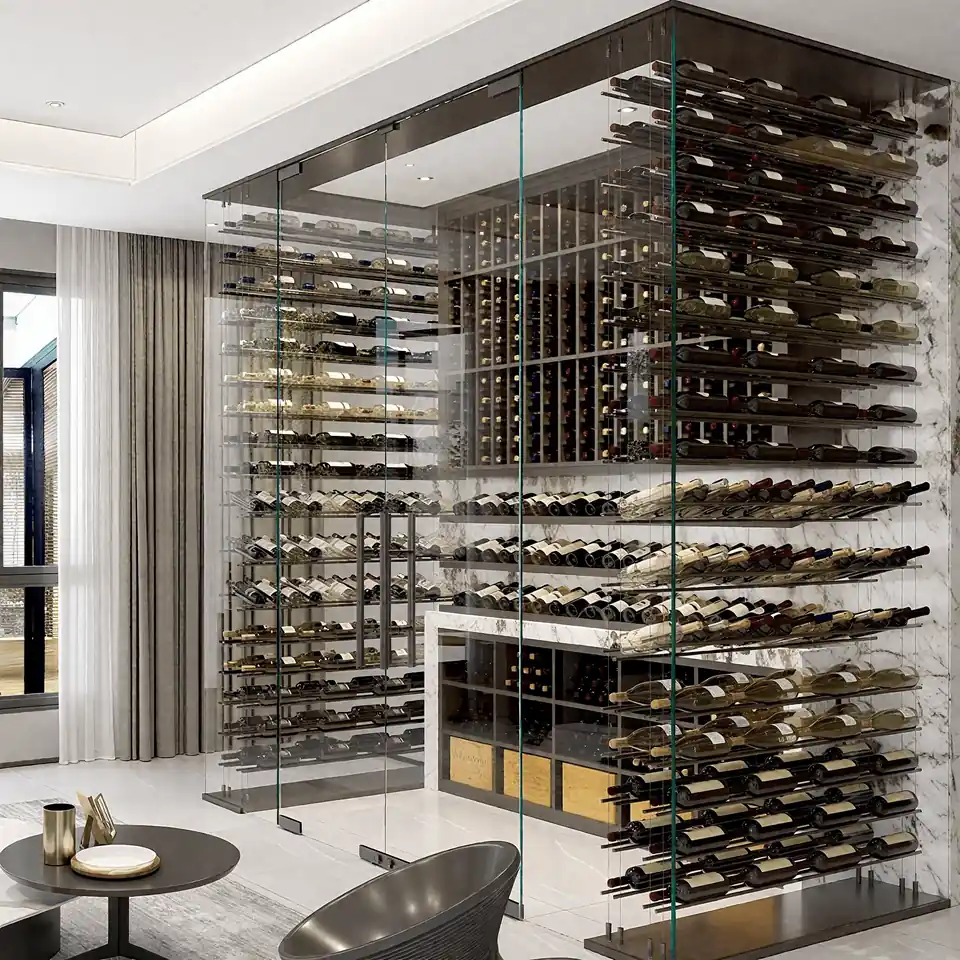 Custom Transparent Glass Wine Display Cabinet and Stainless Steel Rack view 1