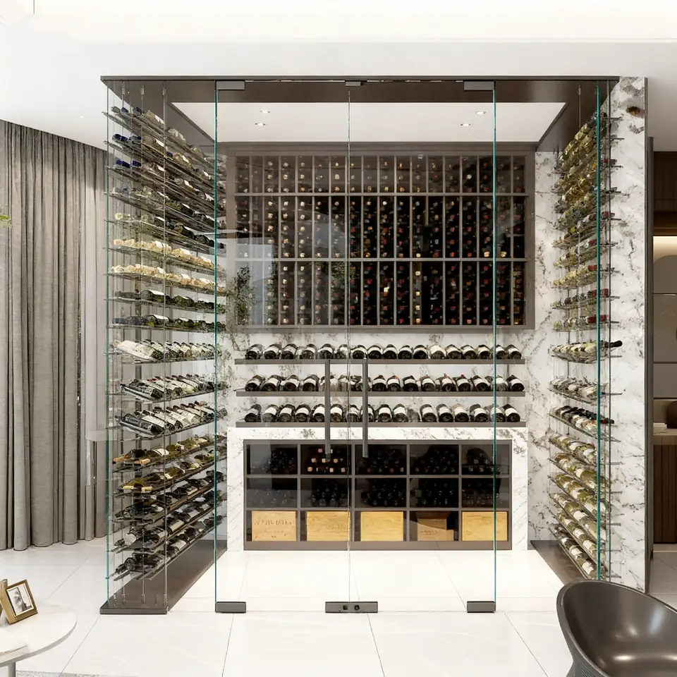 Custom Transparent Glass Wine Display Cabinet and Stainless Steel Rack view 2